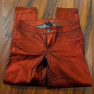 Women’s Red Metallic Skinny Jean Style Pants, Size 12